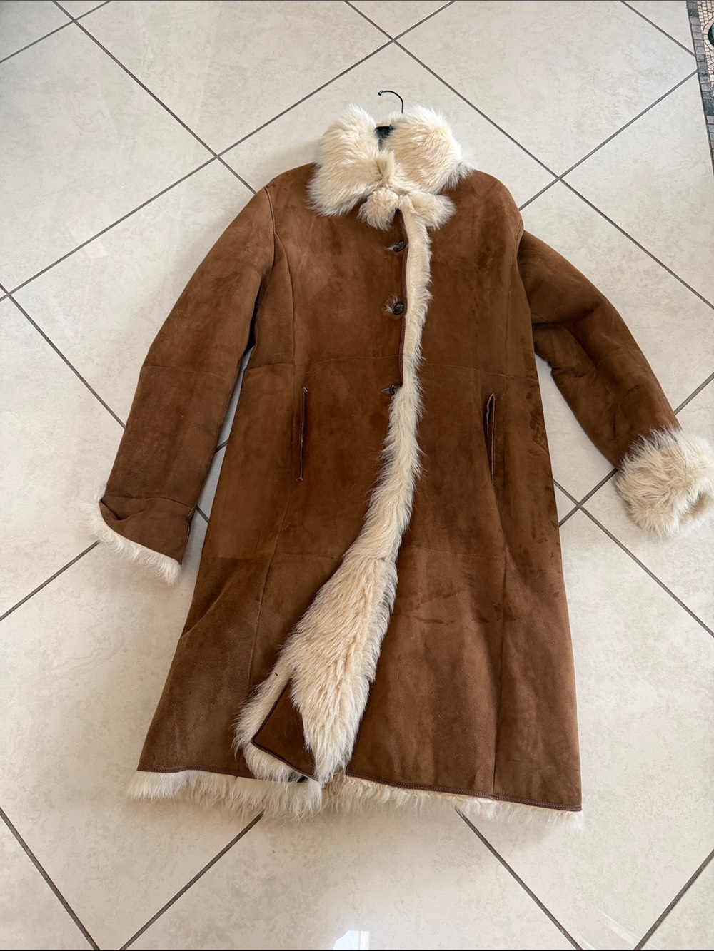 Classic Shearling Long Coat - Brown with Cream fur lining and trim.